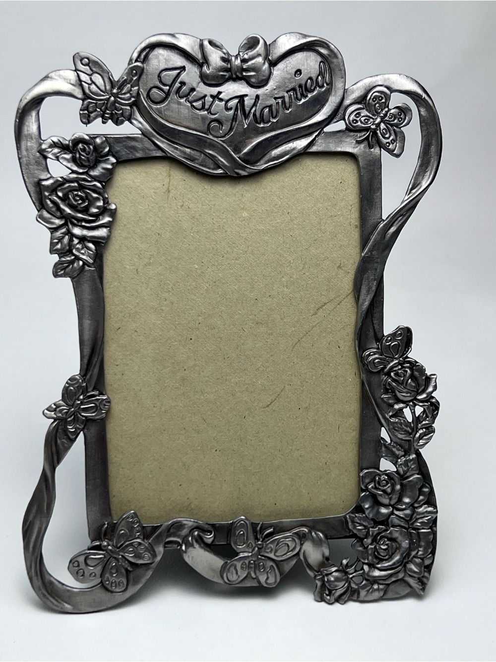 VTG Ganz Sun Pewter Tabletop Picture Frame Just Married Roses Butterfly Wedding